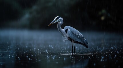 Fototapeta premium A heron stands in the rain, surrounded by rippling water and a moody, atmospheric backdrop.