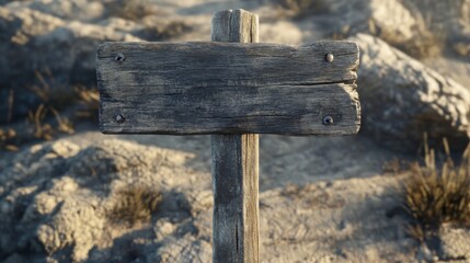 Fototapeta premium A weathered wooden signpost with blank space for text stands on a rocky terrain.