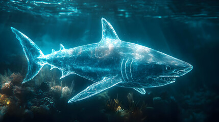 Naklejka premium A majestic shark swimming gracefully underwater in a vibrant marine environment.