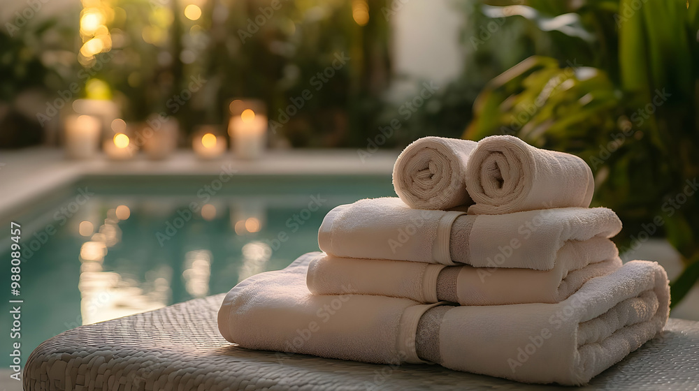 Poster Relaxing scene with stacked towels by a tranquil poolside, surrounded by lush greenery and soft ambient lighting.