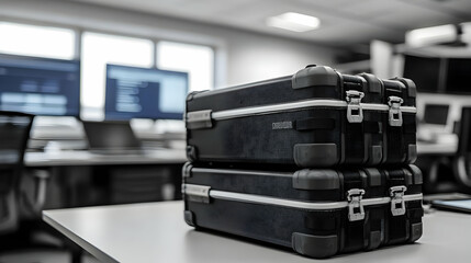 Stacked black cases on a desk in a modern office environment, surrounded by computer screens and a bright workspace.