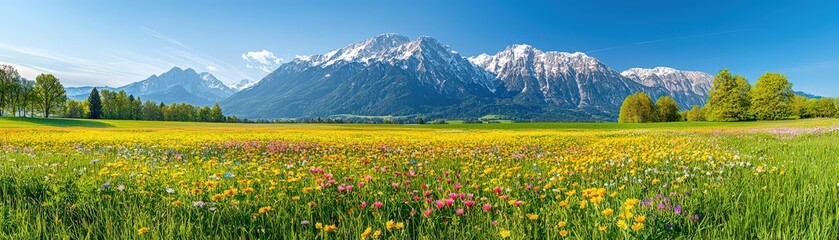 Fototapeta premium Tranquil Spring Meadow Surrounded by Mountains