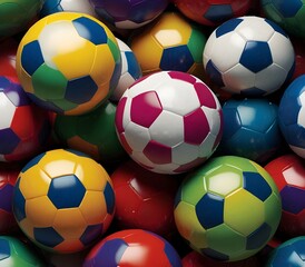 Vector illustration of a group of soccer balls of various colors and types on a white background.. ai gegerate

