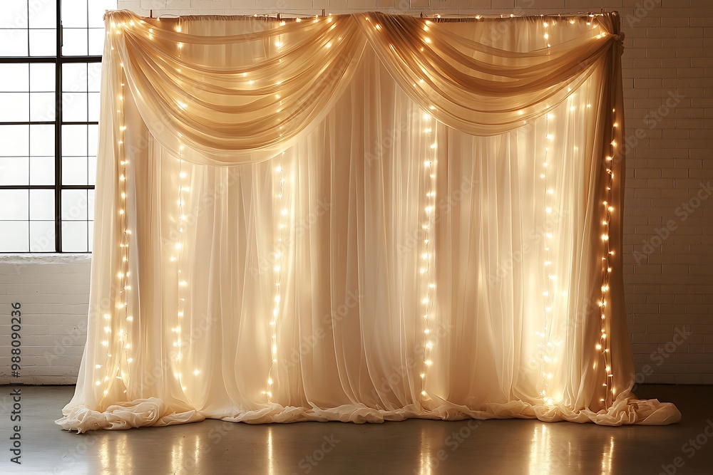 Poster draped fabric backdrop with string lights