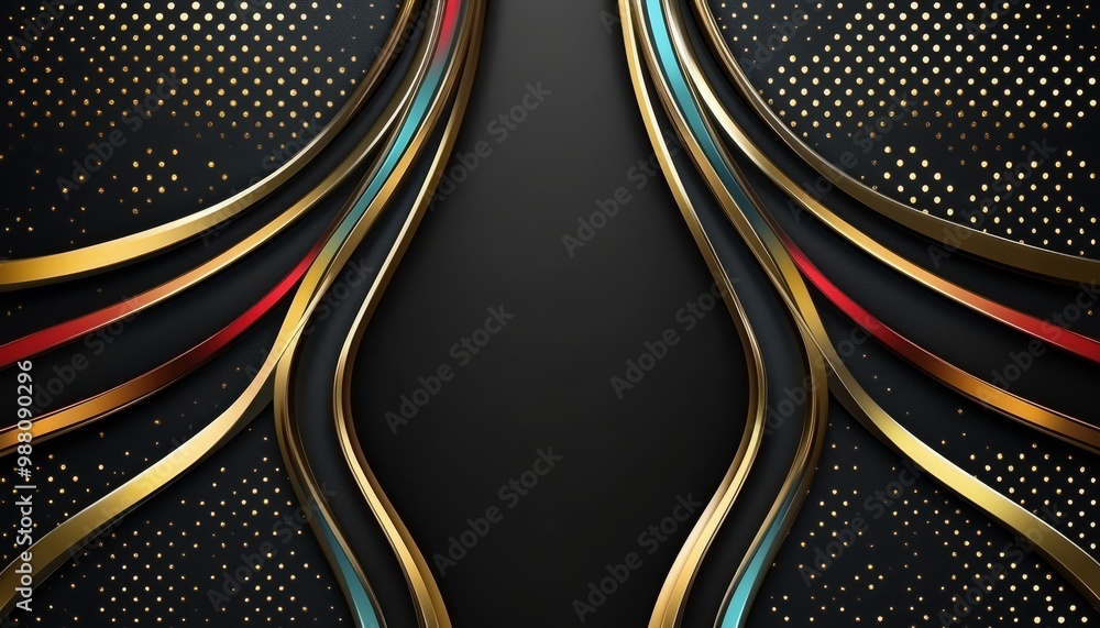 Wall mural Abstract Black Background with Gold, Teal, and Red Curves and Dotted Pattern