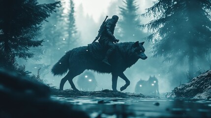 Obraz premium A lone figure rides a large wolf through a misty forest, evoking a mystical atmosphere.