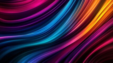 Naklejka premium Abstract art background featuring vibrant neon colors, curved lines, and stripes creating a dynamic and energetic design. Symbolizing movement, energy, and fluidity.