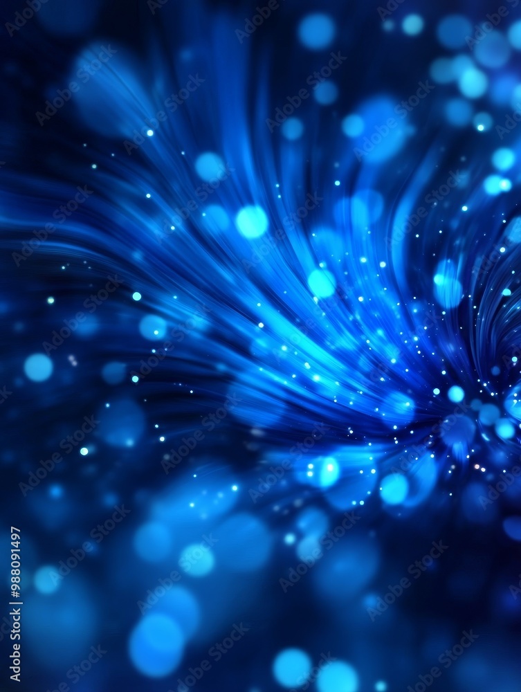 Poster abstract blue background with blurred light streaks, grainy texture, and bokeh lights creating a dyn