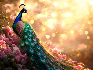 Vibrant peacock standing amidst blooming flowers in a sunlit garden.