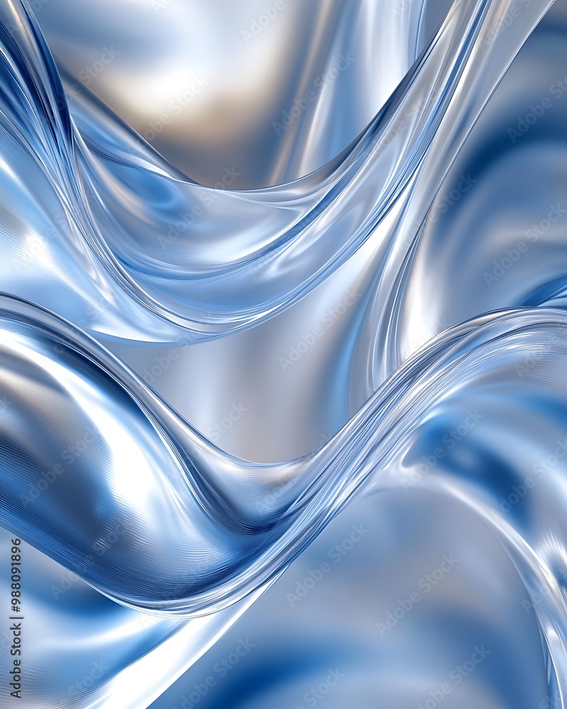 Poster Abstract Metallic Wave Pattern with Smooth Flowing Textures in Silver and Blue, Featuring Fine Ripples and Brushed Metal Finish