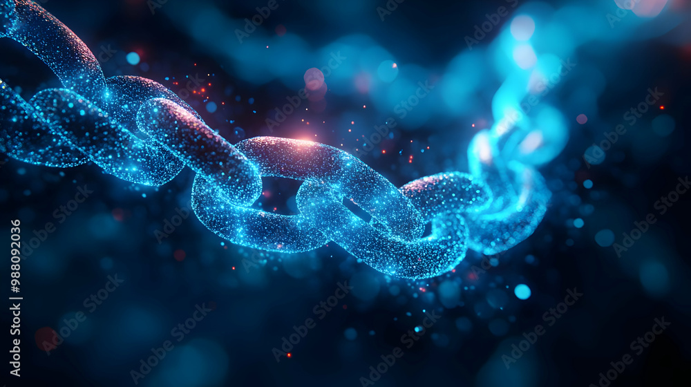 Poster digital chain link design with glowing blue effects and particles on a dark background.