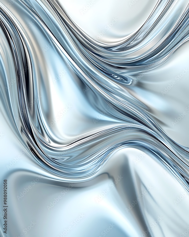 Poster abstract metallic wave pattern with smooth flowing textures in silver and blue, featuring fine rippl