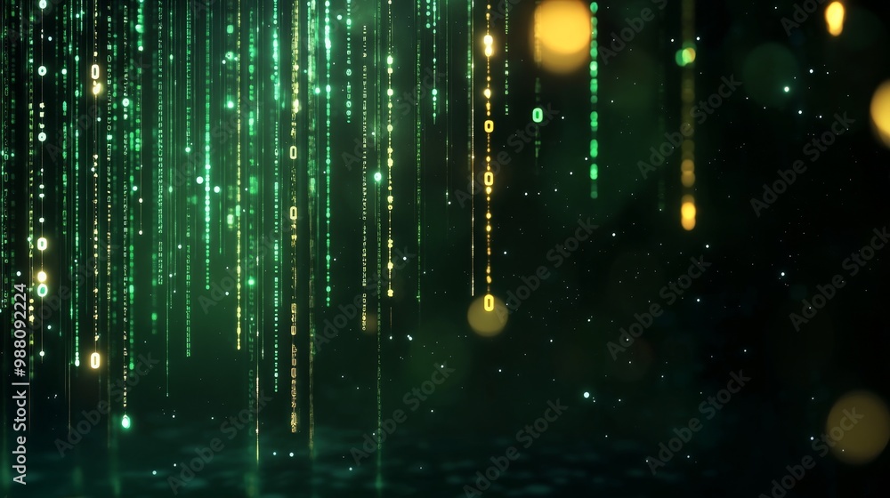 Aufkleber abstract digital code background with green and gold glittering lines representing technology, innov