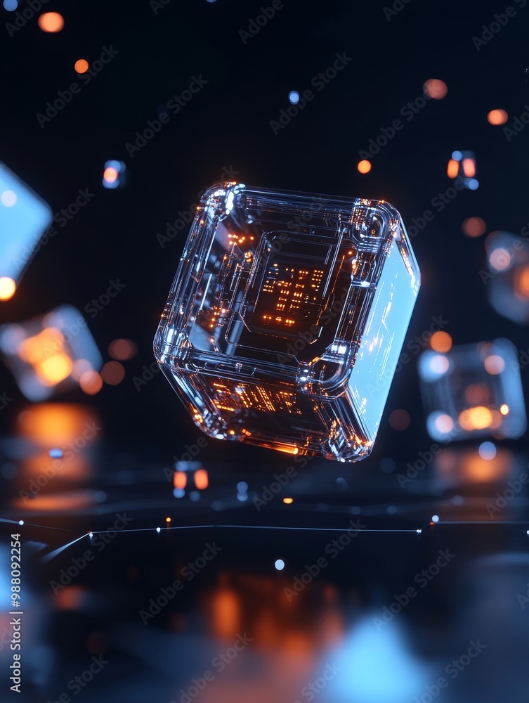 Poster abstract glowing cubes with circuit motifs floating in space, symbolizing technology, innovation, da