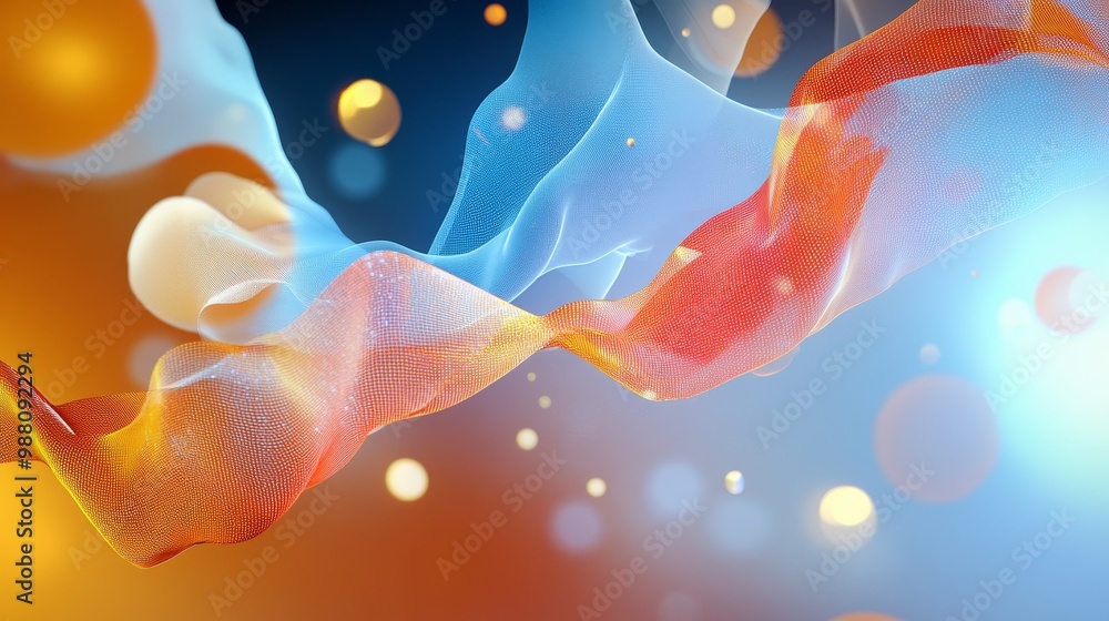 Poster a vibrant and dynamic abstract digital data visualization featuring a swirling blend of blue, orange