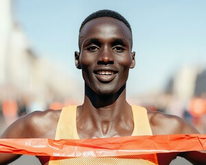Joyful runner crossing finish line with smile, victorious athlete in orange tank top during daytime marathon event.