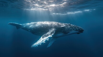 Naklejka premium A majestic humpback whale swimming gracefully underwater, illuminated by sunlight.