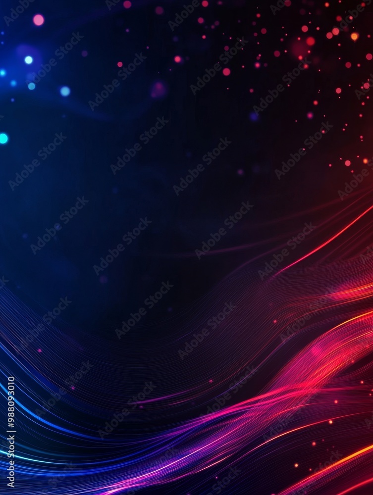 Poster abstract neon glow lines and dots background, featuring vibrant red and blue lines, creating a dynam