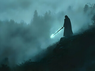 Obraz premium Mysterious figure in dark cloak with glowing sword amidst foggy landscape.
