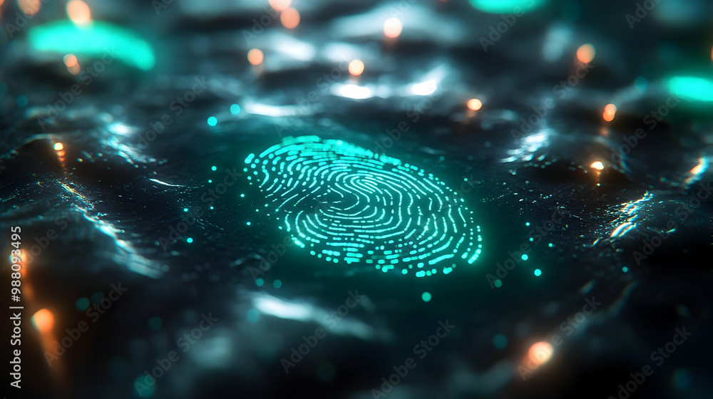 Poster abstract glowing fingerprint on a dark surface, representing digital security and identity.