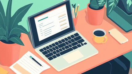 Productive Workspace with Laptop, Coffee, and Potted Plant