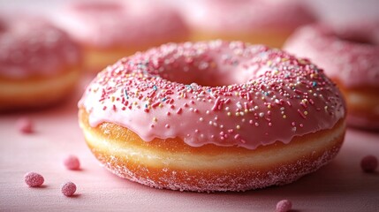 Close up of a pink donut covered in sprinkles, a delicious treat.