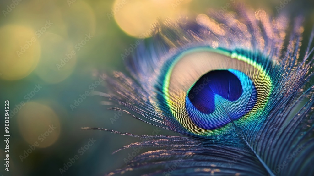 Poster a close-up of a peacock feather showcasing vibrant colors and intricate patterns.