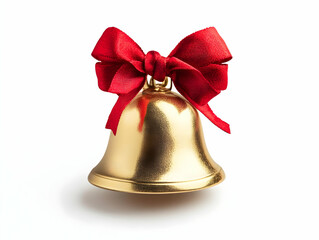 Gold bell adorned with a red ribbon, isolated on a white background, perfect for festive decoration.