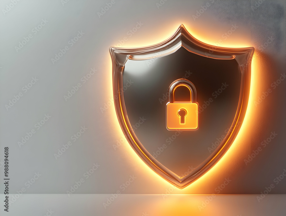 Poster shield with a lock symbol, glowing effect, on a soft gradient backdrop.