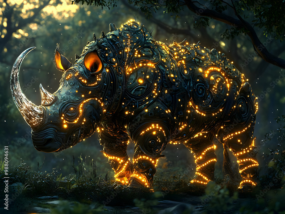 Poster glowing rhinoceros adorned with luminous patterns in a magical forest setting.