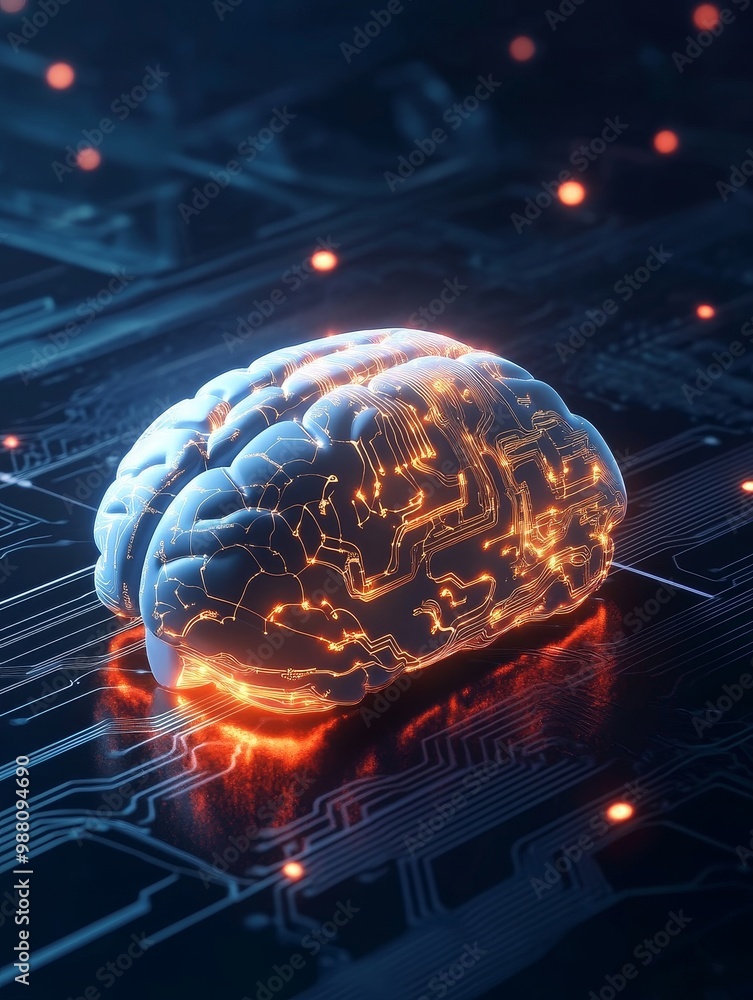 Poster a glowing digital brain network on a circuit board, symbolizing artificial intelligence, technology,