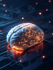 Obraz premium A glowing digital brain network on a circuit board, symbolizing artificial intelligence, technology, innovation, neural networks, and the future of computing.