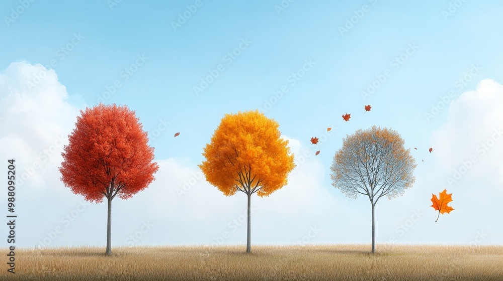 Poster a vibrant illustration of three trees in different stages of autumn, depicting the cycle of change a