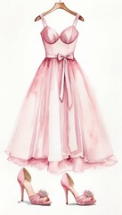 dress pink shoes pink dding background watercolor woman white  pink dress wedding bride watercolor woman fashion boutique hand-drawn shoe bridesmaid celebration clothes clothing corset decoration