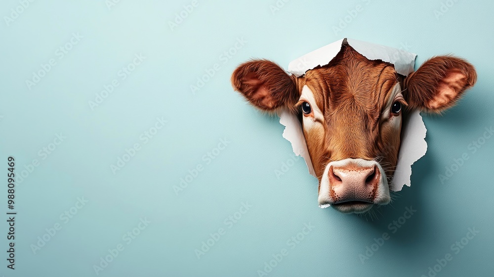 Poster a cow's head emerging from a torn paper background, creating a playful visual effect.