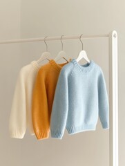 Three beautifully knitted baby sweaters in soft pastel colors, perfect for a cozy and stylish look.