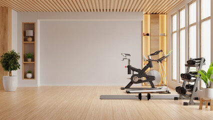 Interior of modern light gym is well-equipped with modern machines and fitness gear, offering a functional and comfortable space for workouts- 3D rendering
