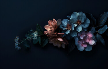 beautiful dark blue and pink flowers on a dark blue background. elegant background, white floral, floral design. space for text, negative space
