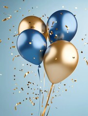 Festive Holiday Balloons with Metallic Shine: Blue and gold balloons with confetti falling on a blue background, symbolizing celebration, joy, party, festive and holiday.