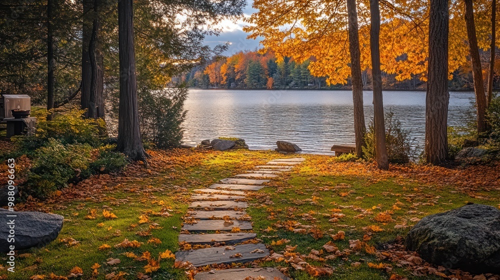 Wall mural A serene lakeside path surrounded by autumn foliage and tranquil water.