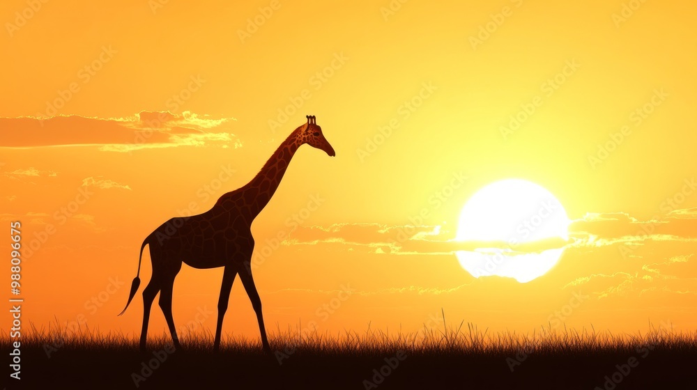 Wall mural a silhouette of a giraffe against a vibrant sunset, highlighting nature's beauty.