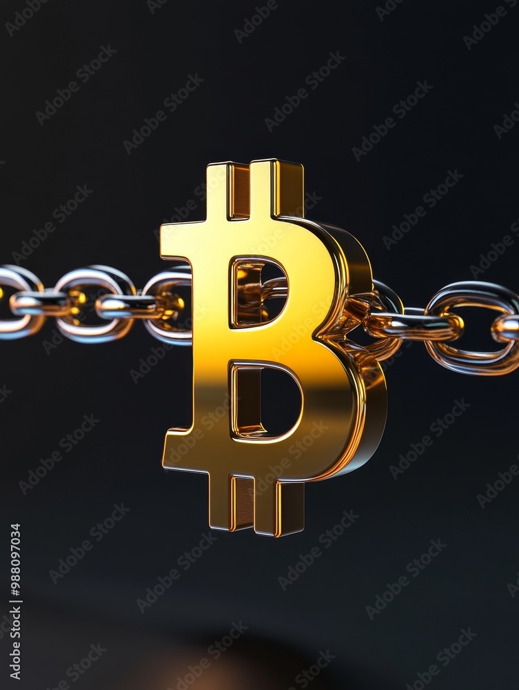 Poster golden bitcoin symbol linked by a chain - representing digital currency, security, value, blockchain