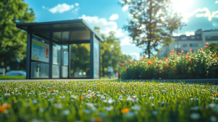 Obraz premium A vibrant scene of bus stop surrounded by lush green grass and colorful flowers, capturing essence of sunny day. bright blue sky and fluffy clouds enhance cheerful atmosphere