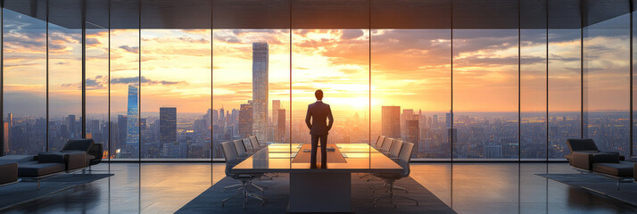 A businessman stands in modern office, gazing out at stunning sunset over city skyline. scene captures ambition and reflection in sleek, contemporary environment