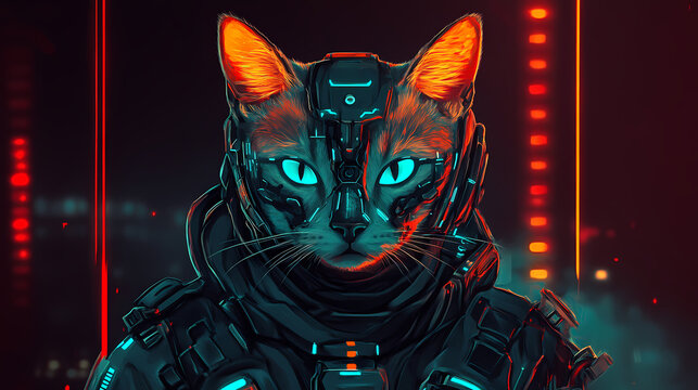 Fantasy warrior cat in cyberpunk style cyborg armor. Cyborg Army. Illustration