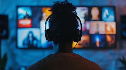 A person listening to music on a streaming service, with playlists and album covers displayed on the screen