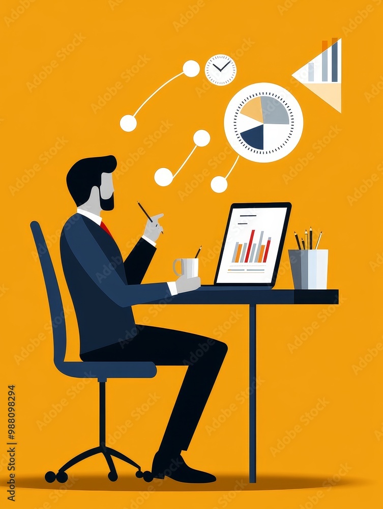 Aufkleber businessman analyzing financial data and projections on a laptop, showcasing charts and graphs, with
