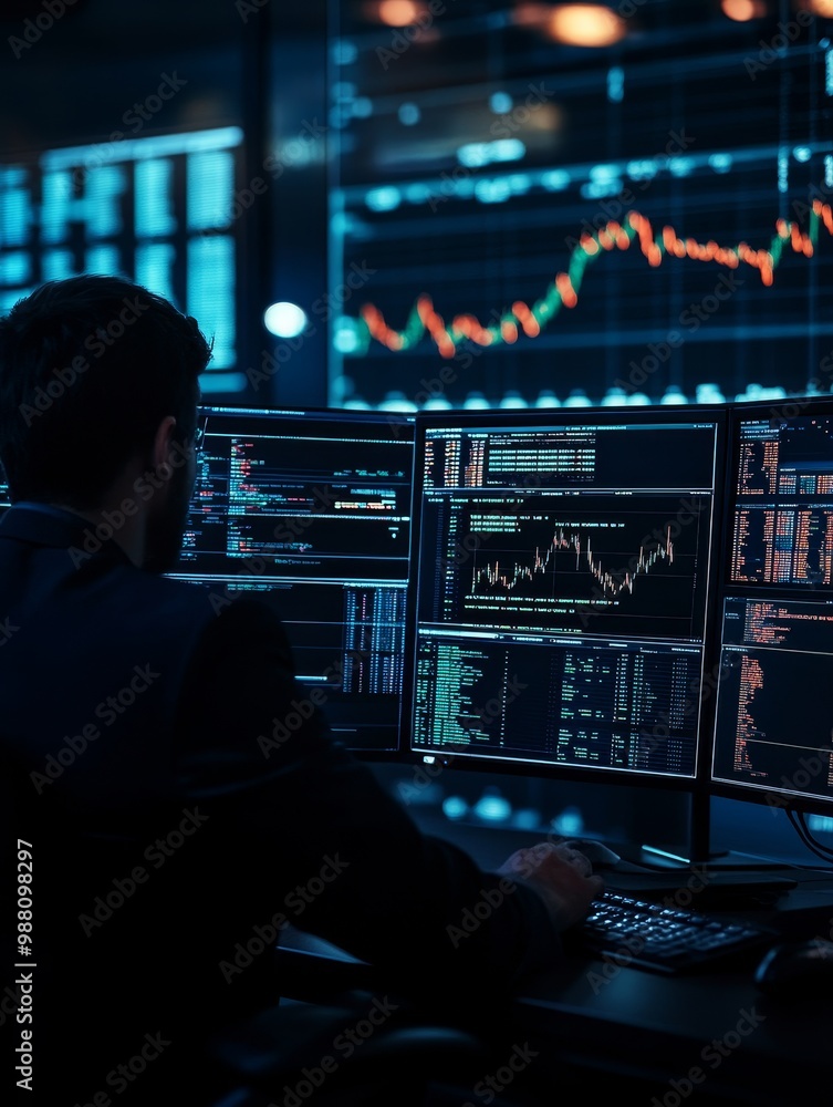 Aufkleber a businessman sits in front of multiple computer screens, meticulously analyzing financial data. he'