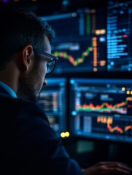 A focused businessman analyzes financial data on multiple screens, showcasing his dedication and expertise in navigating the market.  He demonstrates a keen understanding of data trends, market fluctu