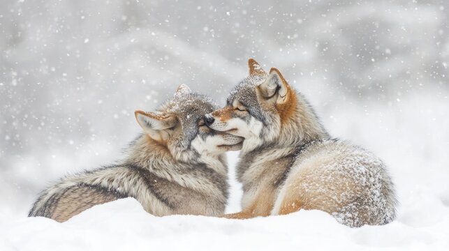 Two coyotes cuddling in the snow during a snowfall, showcasing their bond in a winter setting.